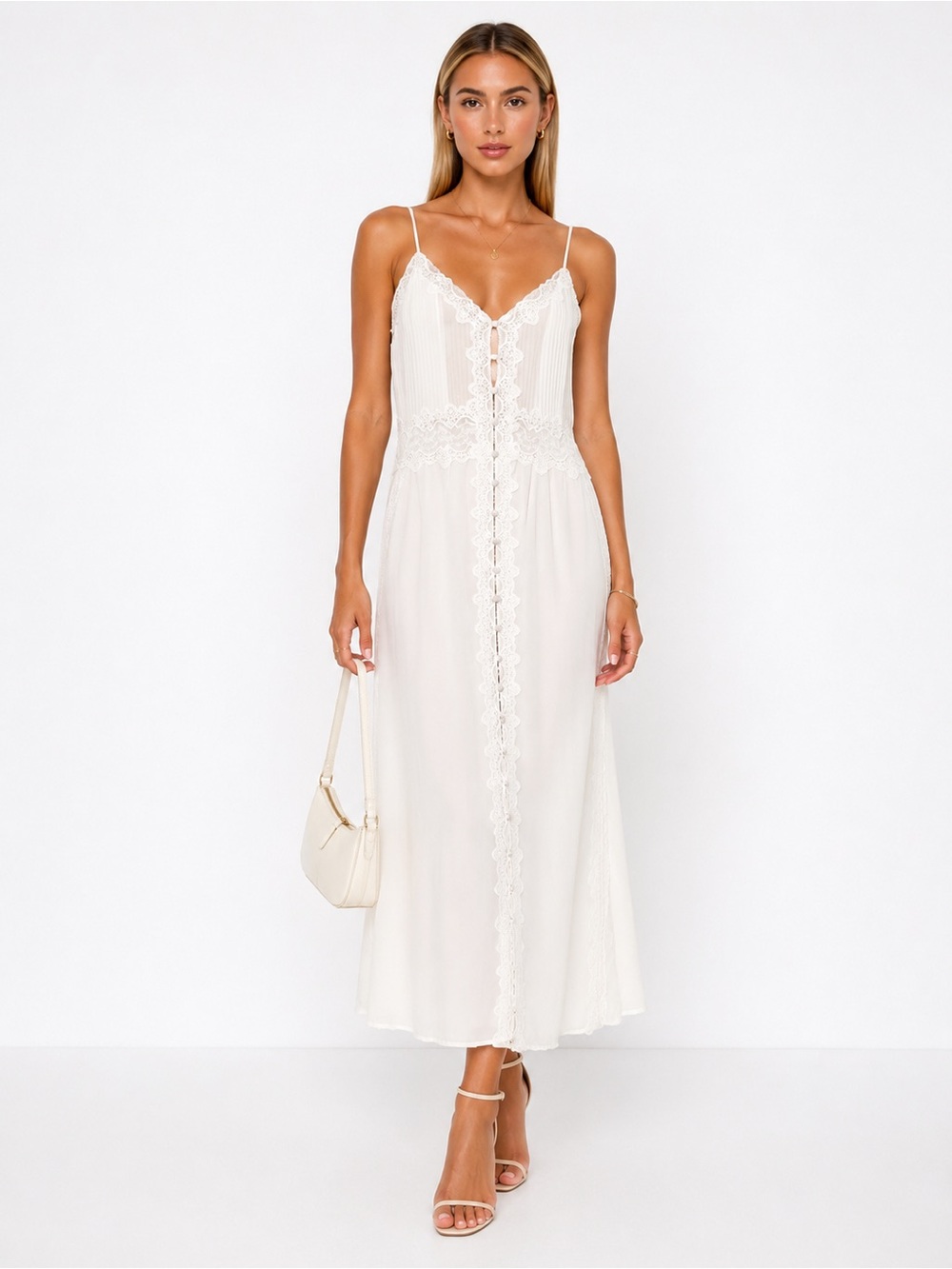 $150 Caroline Constas White Lace-Trim Slip Maxi Dress in Ivory Medium